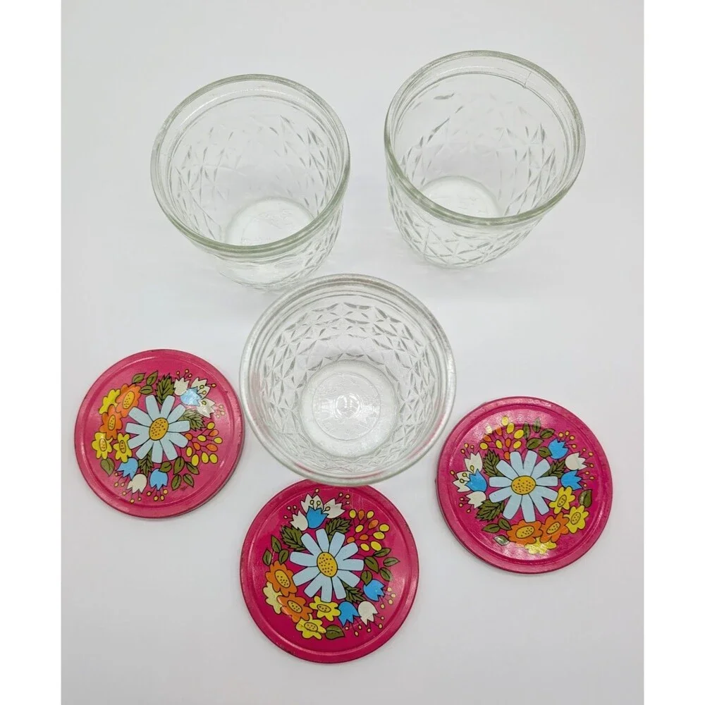 3 BALL Quilted Crystal Glass Jars W/Tin Snap-On Lid Pink Flower MOD Retro